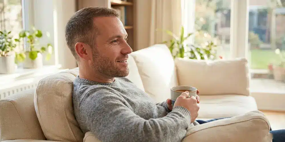 מטופל נח בבית בנוחות בשבועות הראשונים לאחר השתלת שיער, נראה רגוע ומחלים.